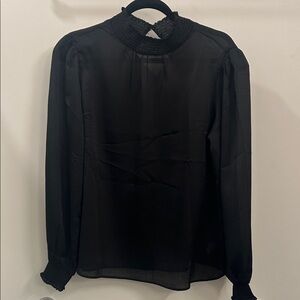 Express Black Sheer Smocked-Neck Long Sleeve Blouse